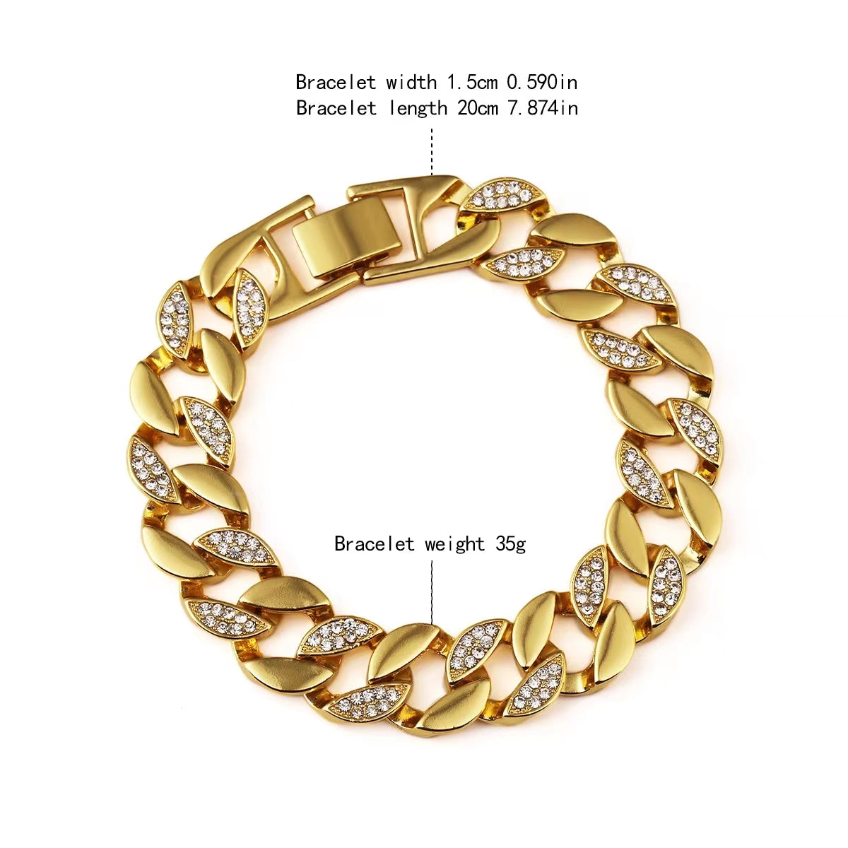 Wide design Cuban link and Bracelet with Rhinestones