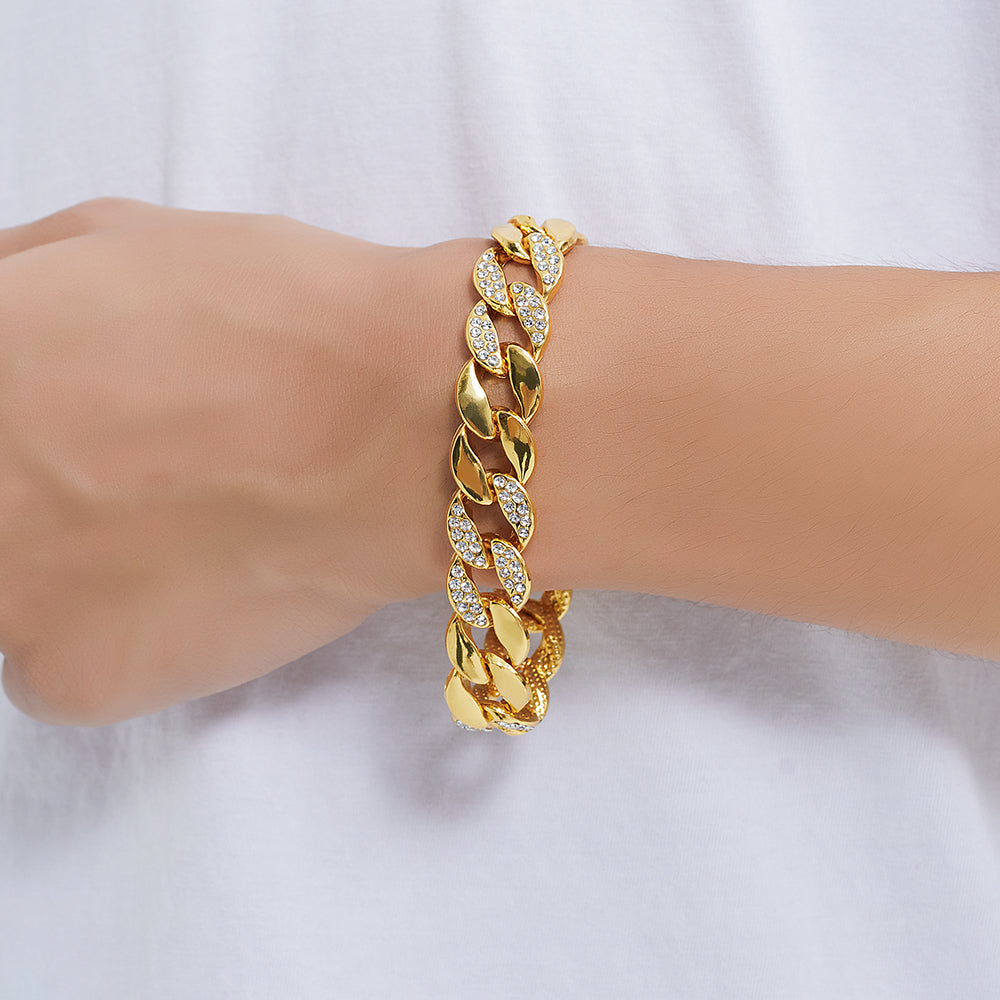 Wide design Cuban link and Bracelet with Rhinestones