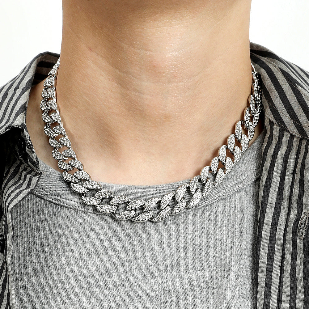 Two Row Cuban Chain and Bracelet with Rhinestones