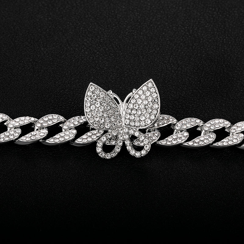 Butterfly Rhinestones Cuban Chain and Bracelet