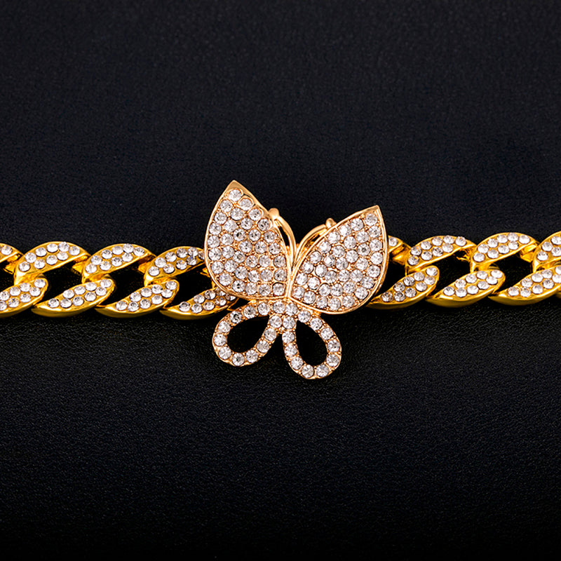 Butterfly Rhinestones Cuban Chain and Bracelet