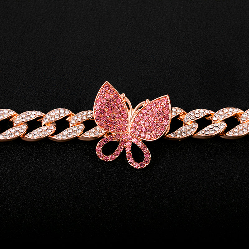 Butterfly Rhinestones Cuban Chain and Bracelet