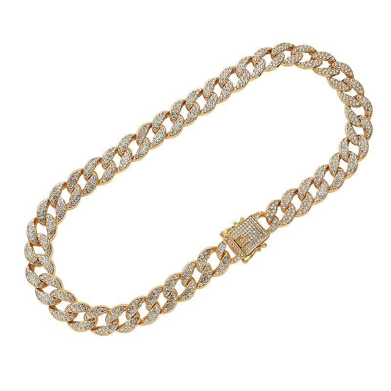 Two Row Cuban Chain and Bracelet with Rhinestones