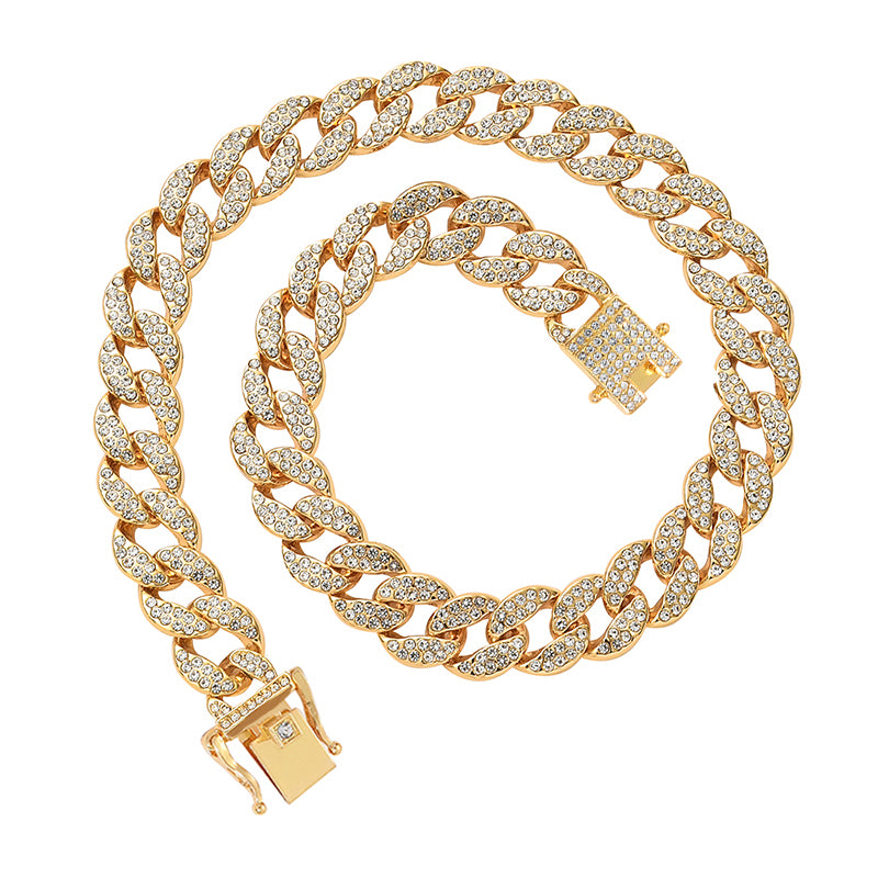 Two Row Cuban Chain and Bracelet with Rhinestones