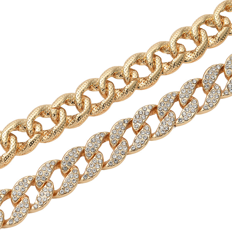 Two Row Cuban Chain and Bracelet with Rhinestones