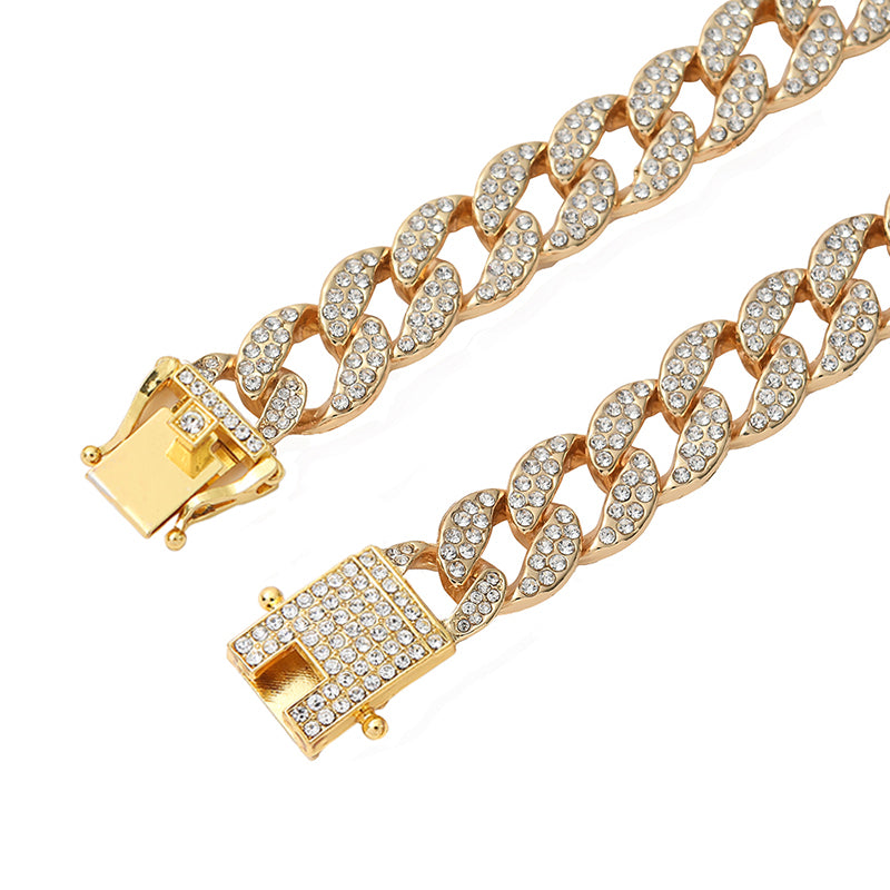 Two Row Cuban Chain and Bracelet with Rhinestones