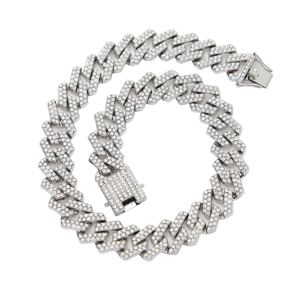 Square Design Cuban Link and Bracelet with Rhinestones