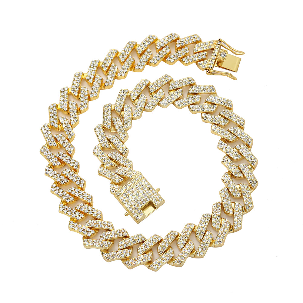 Square Design Cuban Link and Bracelet with Rhinestones