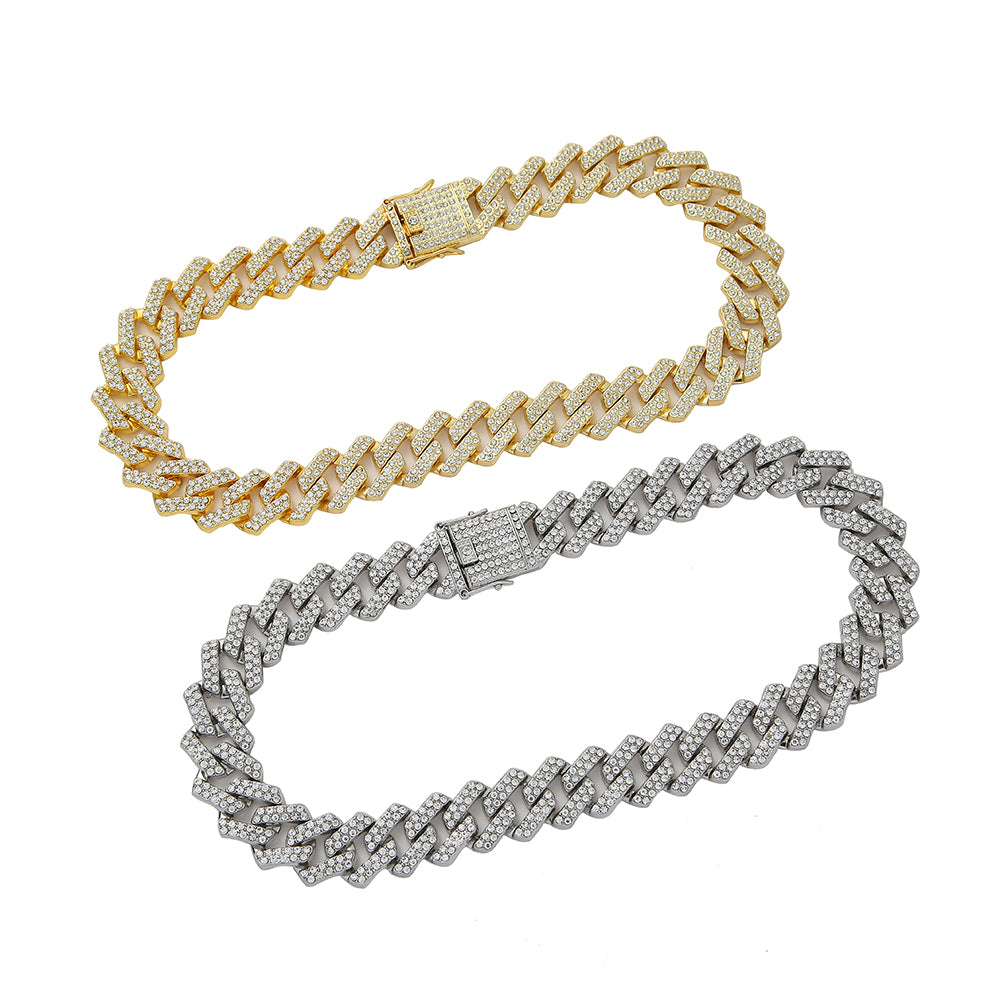 Square Design Cuban Link and Bracelet with Rhinestones