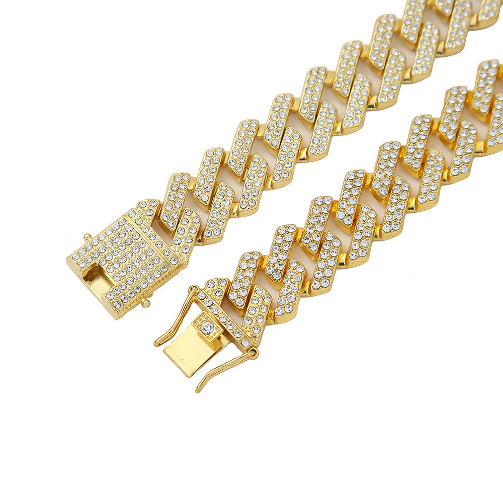 Square Design Cuban Link and Bracelet with Rhinestones