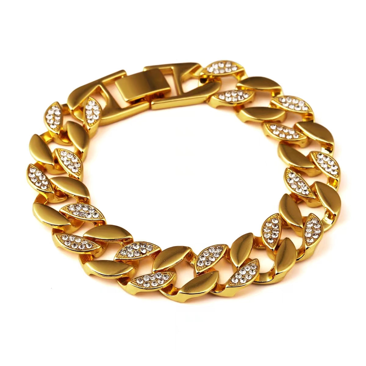 Wide design Cuban link and Bracelet with Rhinestones